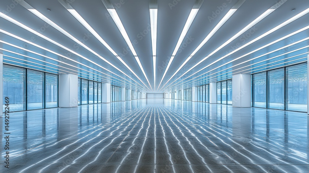 Obraz premium Empty modern office space with bright, linear lighting