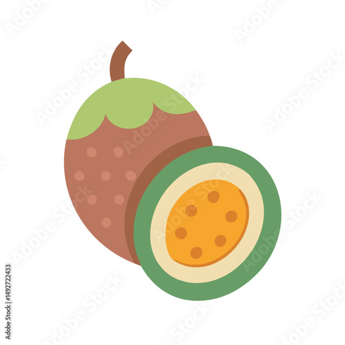 Flat design illustration of halved and whole passion fruit