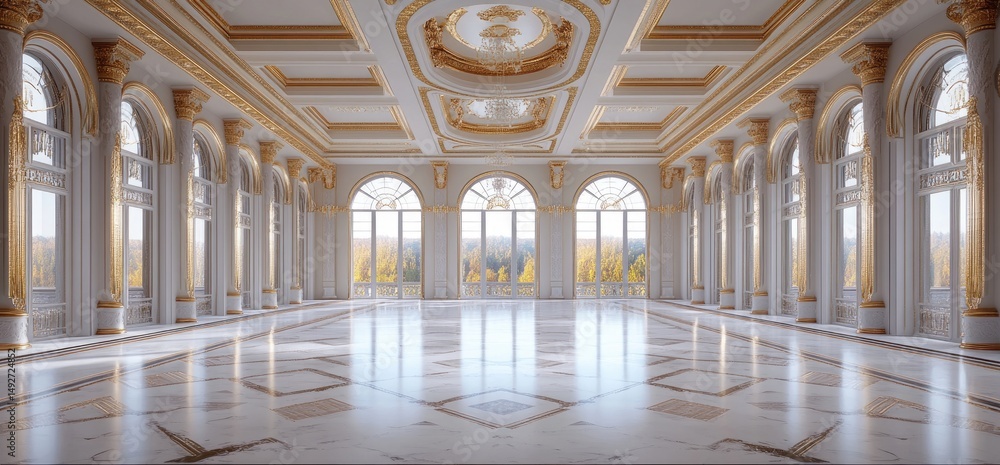 Obraz premium A grand. elegantly designed ballroom featuring ornate architecture. large windows allowing natural light. and a spacious floor suitable for events or gatherings