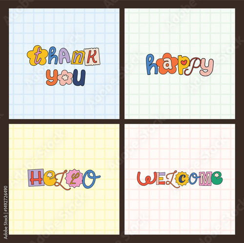 Set of retro style greeting card layouts with colorful cheerful playful lettering featuring thankyou hello welcome and happy perfect for celebration and decoration