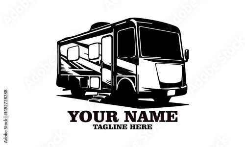 Motorhome camper vector icon, recreational RV camper van vector illustration. Motorhome camper logo design and recreational RV camper van logo art