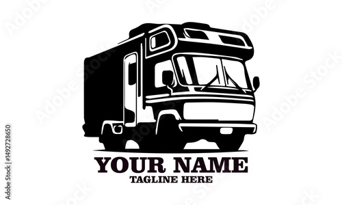 Motorhome camper vector icon, recreational RV camper van vector illustration. Motorhome camper logo design and recreational RV camper van logo art
