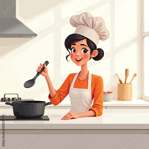 Woman cooking delicious meal in kitchen illustration for food blog and recipe website design project use