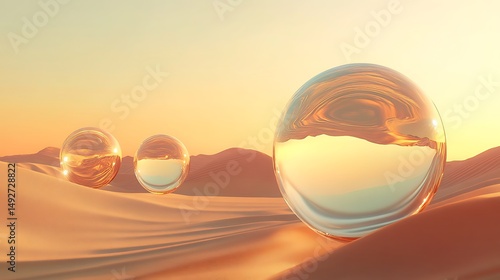 Reflective orbs in a golden desert landscape