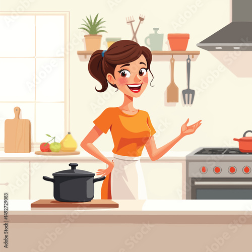 Cartoon woman cooking in kitchen illustration vector image home cooking happy woman kitchen appliance stock art