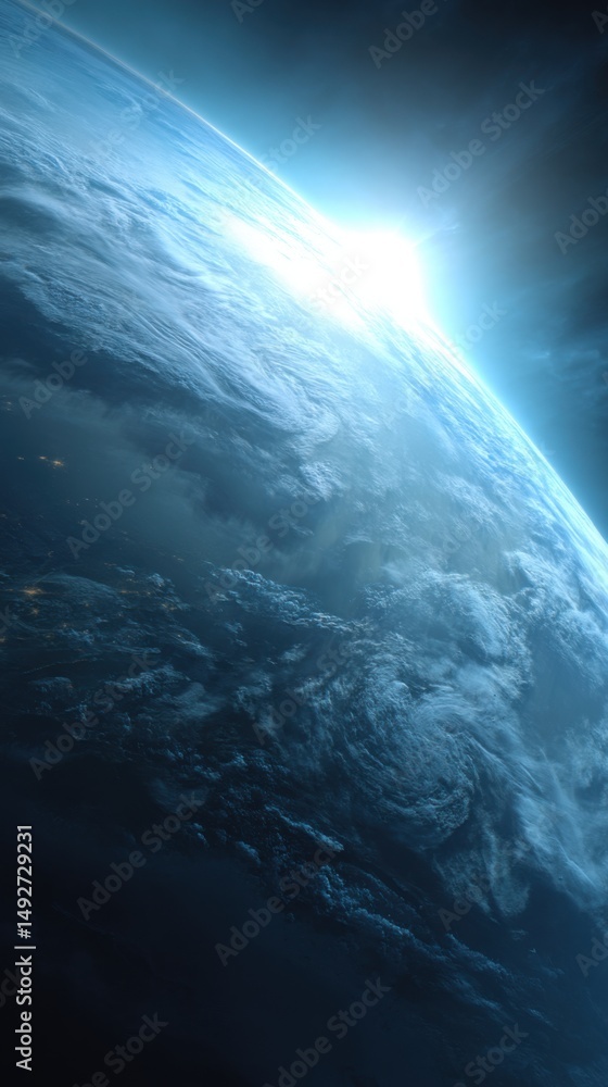 Fototapeta premium Earth From Space View of Sunrise Over Clouds and City Lights in the Distance from Orbit Perspective