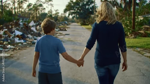 Mother and Son Holding Hands Walking on Street Away from Camera Surrounded by Home Debris Disaster and Wreckage Demonstrating Sadness Grieving Aftermath in Medium Shot
