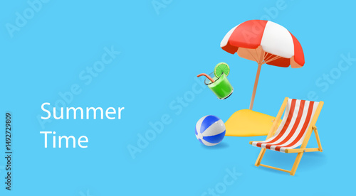 Beach chair lounger with umbrella on blue background. Summer vacation by the sea. Summer time concept, ocean resort, tropical beach for tourist. Vector illustration