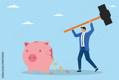 Vector illustration of a businessman breaking a piggy bank with a hammer which represents cash withdrawal
