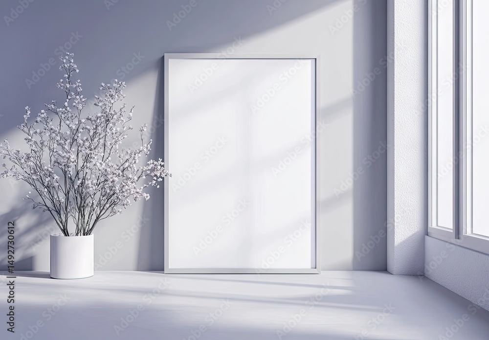 Fototapeta premium A serene interior space featuring a blank white frame on a wooden wall. illuminated by soft sunlight streaming through large windows. with a minimalistic decor and a touch of nature