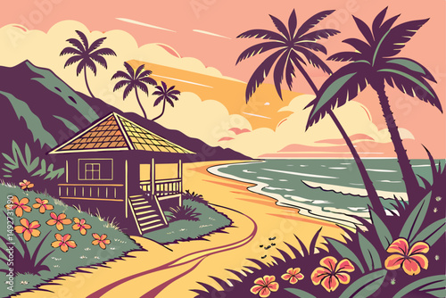 195 A tropical beach landscape with a thatched-roof hut, palm trees, vibrant flowers, and a stunning sunset over the ocean, digital art