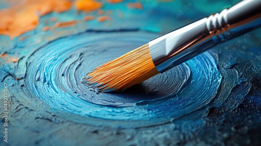 Fototapeta premium Close up of Paintbrush Applying Blue and Orange Acrylic Paint on Canvas Artistic Texture