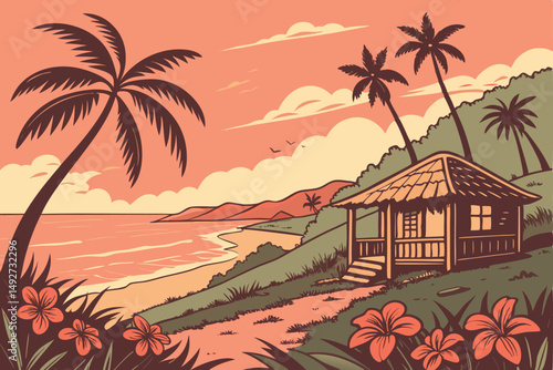 195 A tropical beach landscape with a thatched-roof hut, palm trees, vibrant flowers, and a stunning sunset over the ocean, digital art