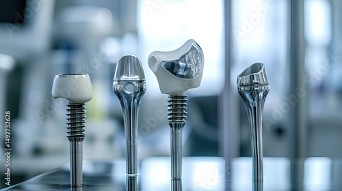 A close-up view of three innovative prosthetic limb designs displayed in a modern medical lab. showcasing advanced technology and research in biomedical engineering
