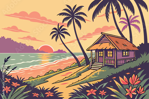 195 A tropical beach landscape with a thatched-roof hut, palm trees, vibrant flowers, and a stunning sunset over the ocean, digital art
