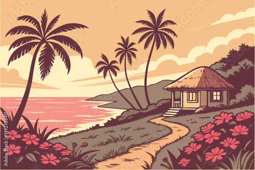 195 A tropical beach landscape with a thatched-roof hut, palm trees, vibrant flowers, and a stunning sunset over the ocean, digital art