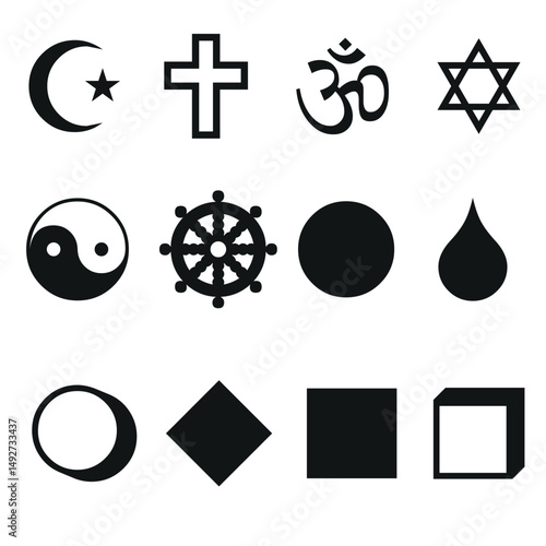 Collection of religious and spiritual symbols in black and white