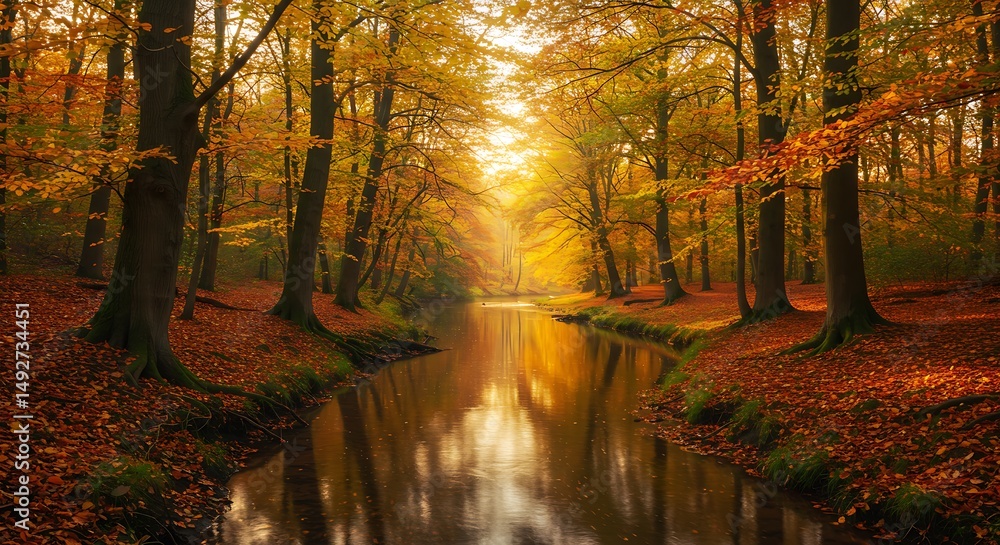 Fototapeta premium A winding river cutting through autumnal woodland with golden leaves 