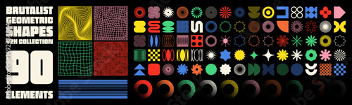 Brutalist geometric shapes, modern symbols. Groovy checkered pattern, distorted tiled grid. Simple elements, forms. Retro design, trendy contemporary minimalist style, y2k. Vector illustration