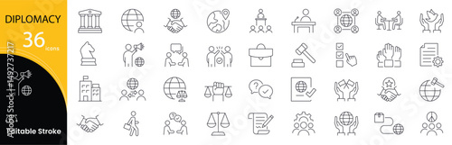 Diplomacy icon set. International relations and negotiation related line icons. handshake, treaty, peace, negotiation, alliance, communication, agreement, ambassador, flag, cooperation and more. 