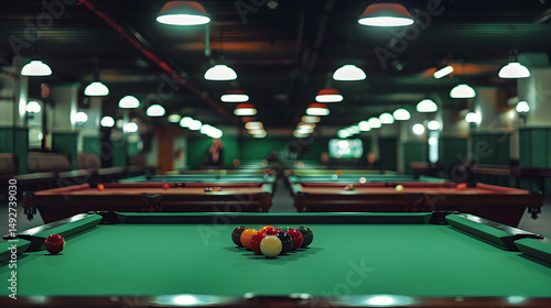 A view of a pool hall with multiple tables and billiard balls under bright overhead lighting system