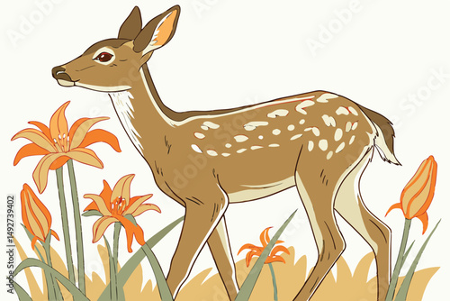 196 beautiful deer, cute deer, deer figurine, deer in flower, orange flower, detailed, realistic, 3d, studio lighting, depth of field, high resolution