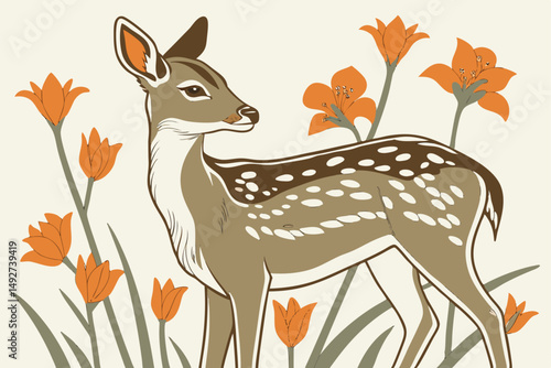 196 beautiful deer, cute deer, deer figurine, deer in flower, orange flower, detailed, realistic, 3d, studio lighting, depth of field, high resolution