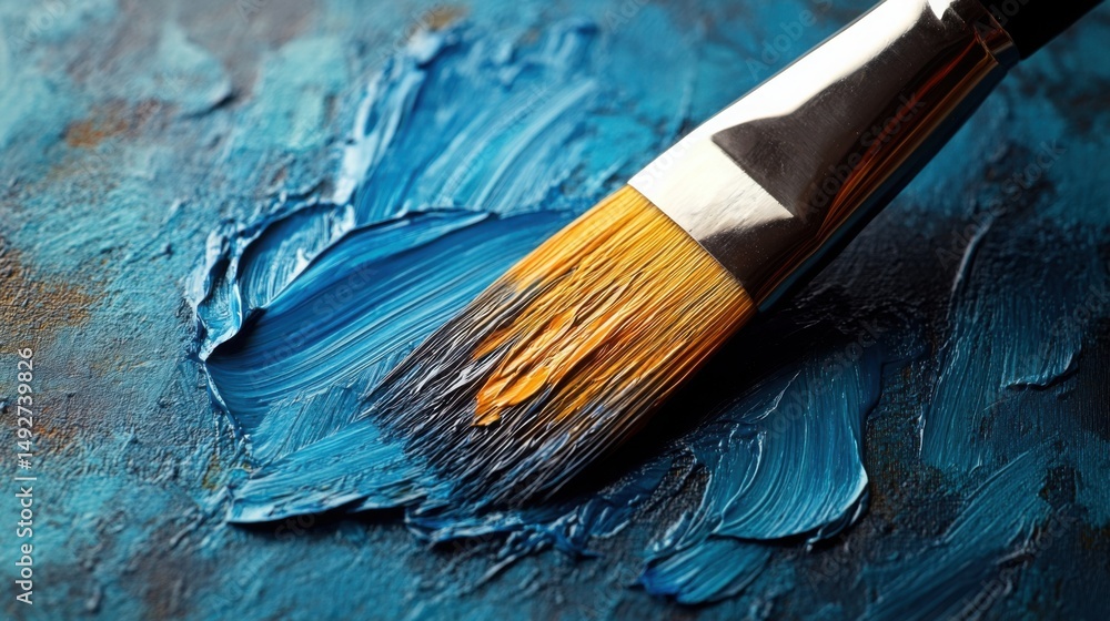 Fototapeta premium Close up of Paintbrush Applying Deep Teal Acrylic Paint to Canvas Texture