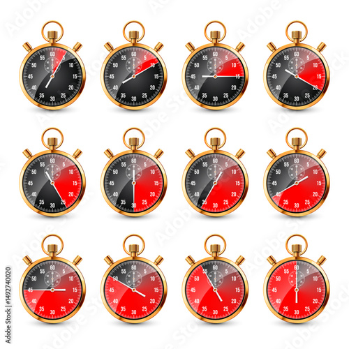 Realistic classic stopwatch. Shiny golden metal chronometer, time counter with dial. Red countdown timer showing minutes and seconds. Time measurement for sport, start, finish. Vector illustration