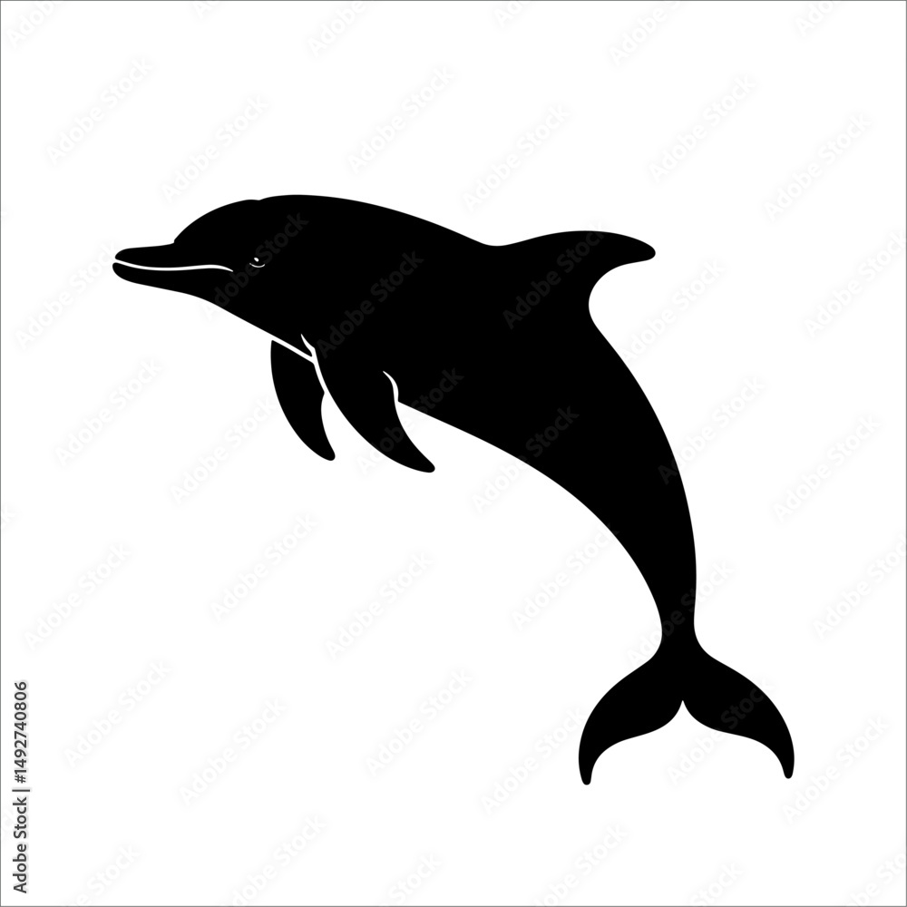 Fototapeta premium Jumping dolphin silhouette illustration in black and white, isolated marine animal vector art.