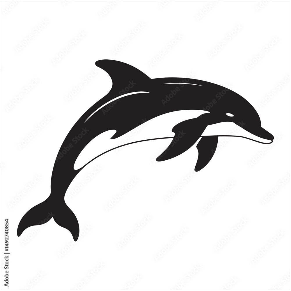 Fototapeta premium Jumping dolphin silhouette illustration in black and white, isolated marine animal vector art.