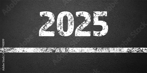 Asphalt road with white lane marking, concrete highway surface, texture. New year 2025. Street traffic line, road dividing strip. Pattern grainy structure, grunge background. Vector illustration