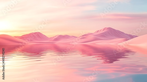 Soft pink mountain range with water reflection under a tranquil sky