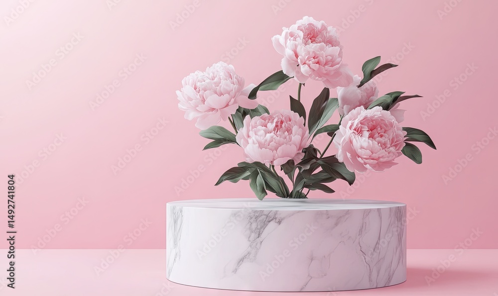 A serene display of pink peonies floating above a marble pedestal against a soft pink background. creating a whimsical and elegant atmosphere suitable for floral-themed designs A serene display of pink peonies floating above a marble pedestal against a soft pink background. creating a whimsical and elegant atmosphere suitable for floral-themed designs