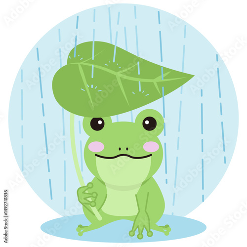 葉っぱの傘を持つ雨の日のカエルのイラスト