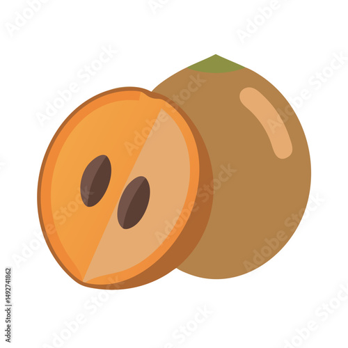 Two Sapodilla Fruits, One Cut in Half, Flat Style