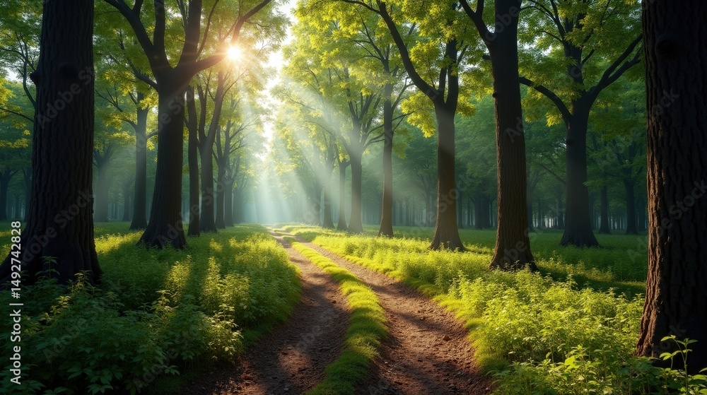 Fototapeta premium Irati Forest at midday with sunny weather, captured from a panoramic perspective, showcasing the rich green forest.