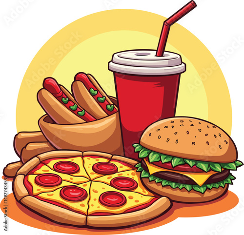 Delicious fast food illustration featuring pizza burger hotdog and soda for restaurant marketing design