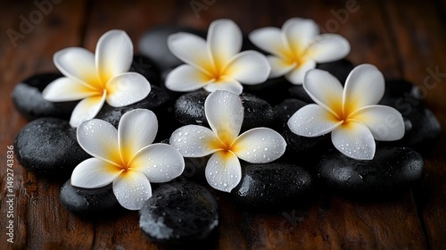 Plumeria flowers on dark stones