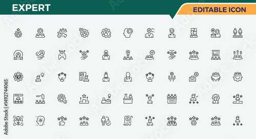 Expert modern icon set. Contains outline symbols like specialist, dexterity, talent, qualification, professional and more. Success icon pack. Thin icons set. Pixel perfect. Editable vector.