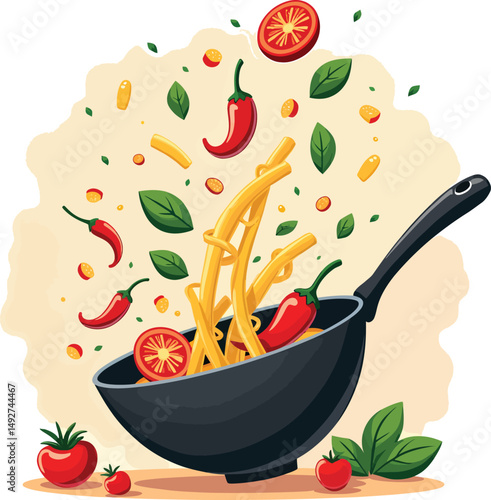 Delicious pasta recipe illustration with fresh vegetables and herbs cooking in a pan for food blog