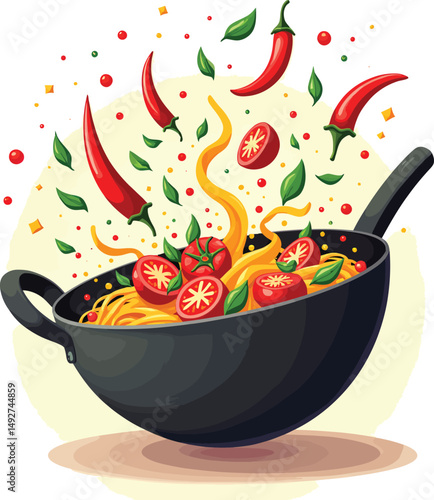 Illustration of spicy pasta dish with tomatoes and peppers in a black wok for food blog recipe ideas