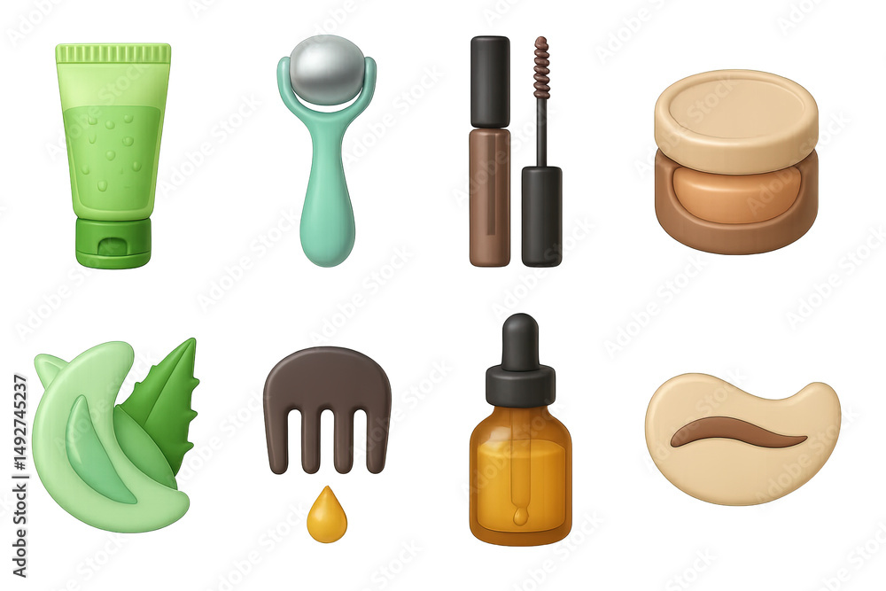 Obraz premium Beauty and skincare icons set – 3d, aesthetic, wellness and self-care graphics