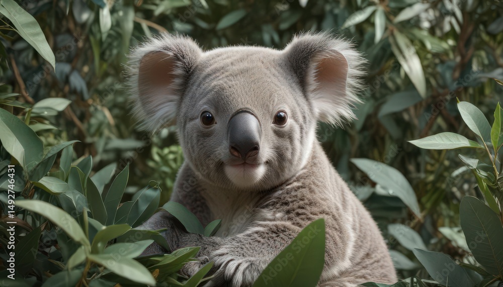 Fototapeta premium Adorable koala joey nestled amongst eucalyptus leaves in a repeating pattern , cuddly, australia