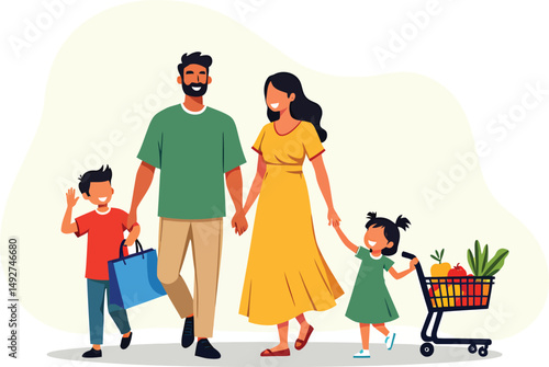 Family grocery shopping healthy food choices parents and children together at supermarket vector illustration