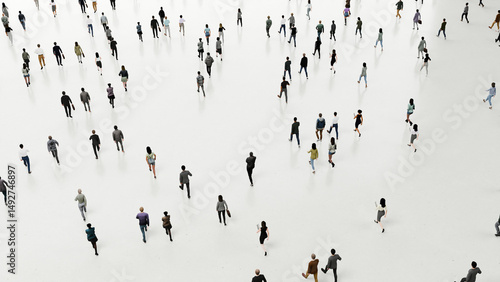 Business people walking and running on a white background, seen from above