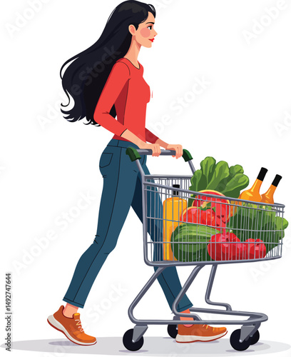 Woman grocery shopping vector illustration healthy food lifestyle fresh produce market cart supermarket purchase design