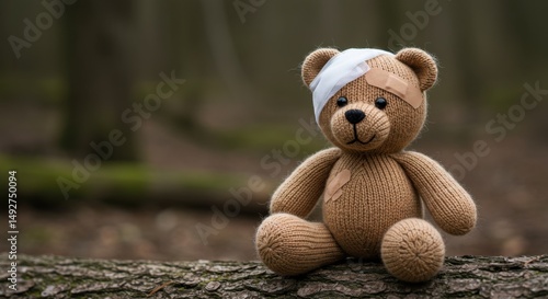 A heartwarming image of a teddy bear with bandages sitting on a log in a serene forest setting.