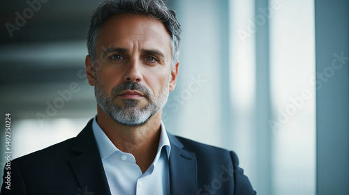 Serious businessman in a suit, focused and professional, embodying confidence and leadership in a modern workplace.