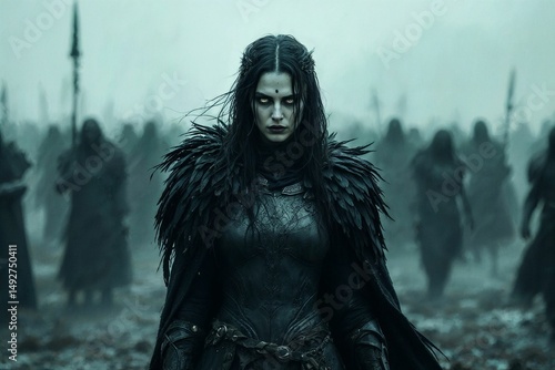 AI-generated celtic goddess morrigan in misty battlefield